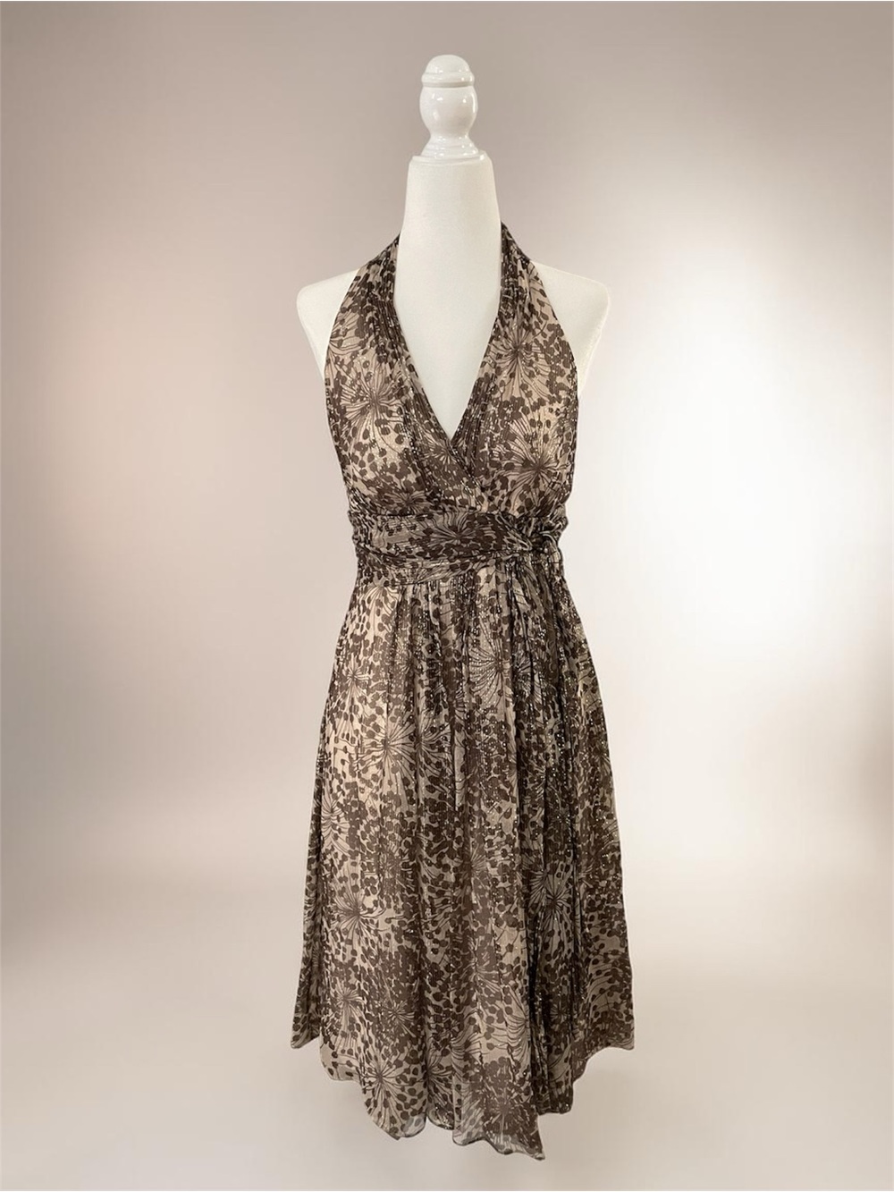 BCBG MAX AZAROA Silk Halter Dress | Tea-Length | Gold Thread + Taupe | SZ 4